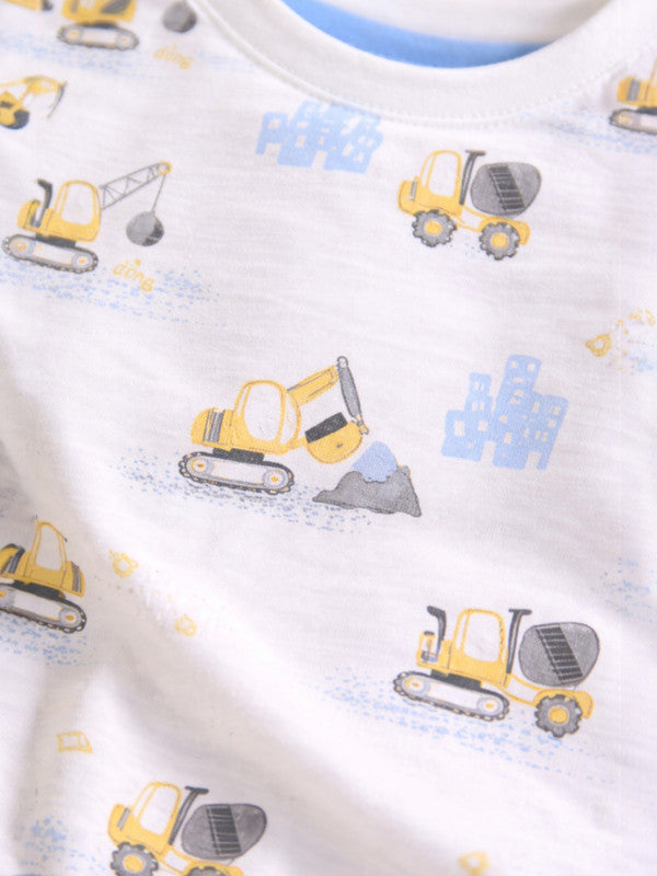 Boys Construction Vehicle Print Cotton Pajama Set “ T-Shirt & Shorts Nightwear