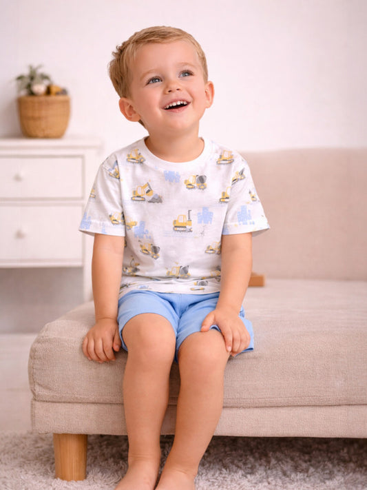 Boys Construction Vehicle Print Cotton Pajama Set – T-Shirt & Shorts Nightwear