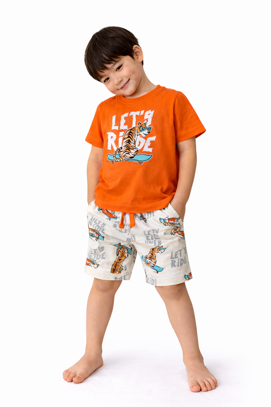 Boys Tiger Skateboard Print Cotton Pajama Set – T-Shirt & Shorts Nightwear