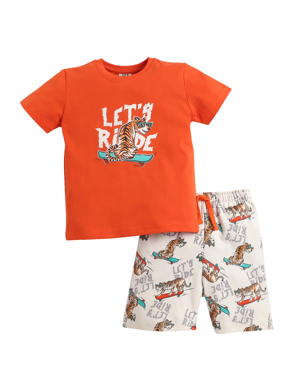 Boys Tiger Skateboard Print Cotton Pajama Set “ T-Shirt & Shorts Nightwear