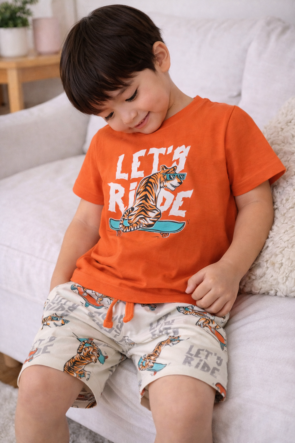 Boys Tiger Skateboard Print Cotton Pajama Set “ T-Shirt & Shorts Nightwear