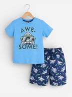 Boys Œawesome” Shark Print Cotton Pajama Set “ T-Shirt & Shorts Nightwear
