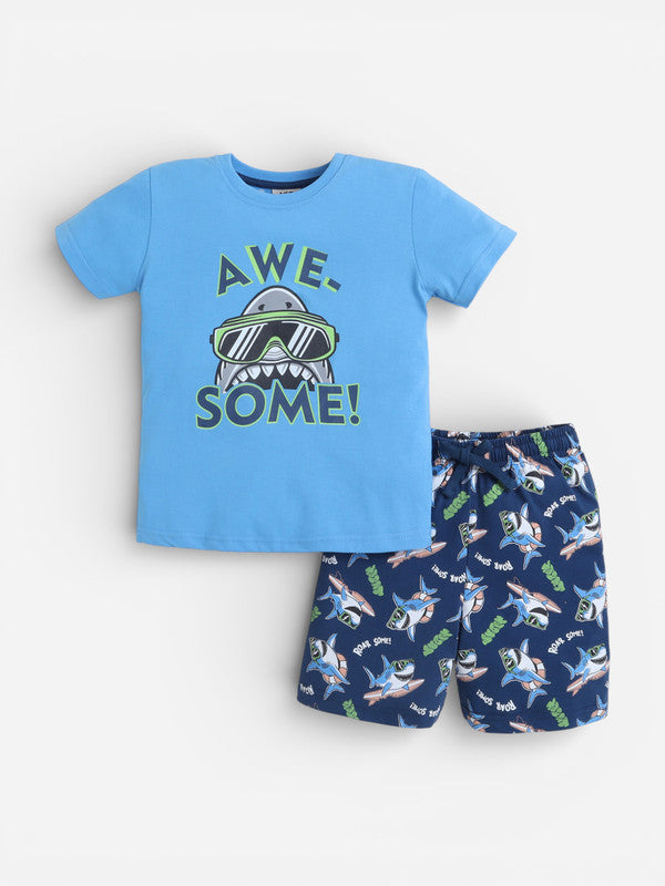 Boys Œawesome” Shark Print Cotton Pajama Set “ T-Shirt & Shorts Nightwear