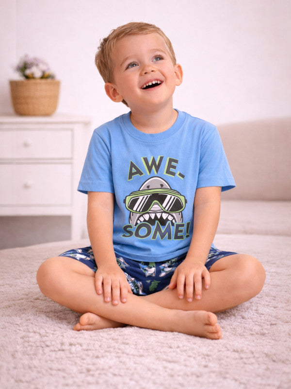 Boys Œawesome” Shark Print Cotton Pajama Set “ T-Shirt & Shorts Nightwear