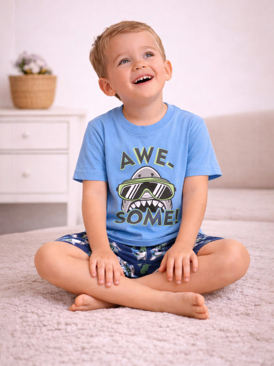 Boys “Awesome” Shark Print Cotton Pajama Set – T-Shirt & Shorts Nightwear