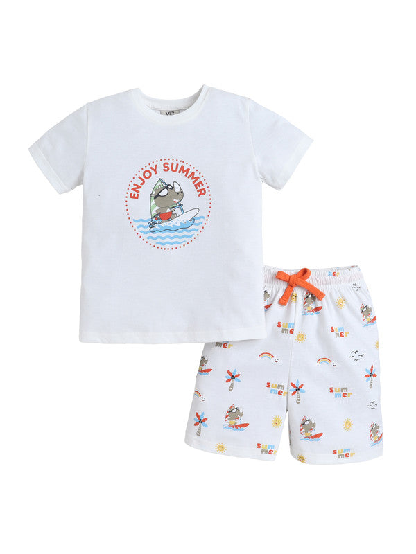Boys Œenjoy Summer” Print Cotton Pajama Set “ T-Shirt & Shorts Nightwear