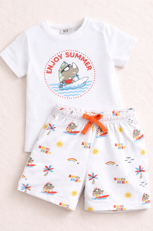 Boys Œenjoy Summer” Print Cotton Pajama Set “ T-Shirt & Shorts Nightwear