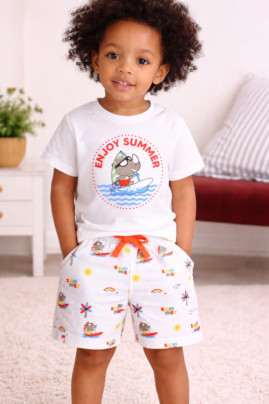 Boys Œenjoy Summer” Print Cotton Pajama Set “ T-Shirt & Shorts Nightwear