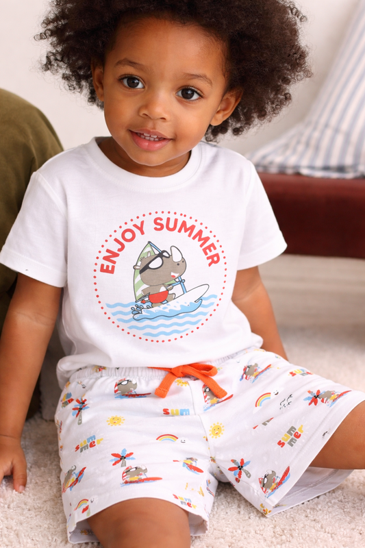 Boys Œenjoy Summer” Print Cotton Pajama Set “ T-Shirt & Shorts Nightwear