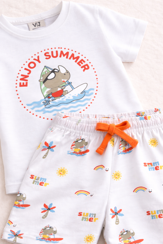 Boys Œenjoy Summer” Print Cotton Pajama Set “ T-Shirt & Shorts Nightwear