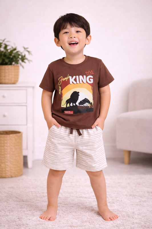 Boys “King” Graphic Cotton Pajama Set – T-Shirt & Shorts Nightwear