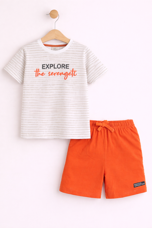 Boys Œexplore The Serengeti” Print Cotton Pajama Set “ T-Shirt & Shorts Nightwear