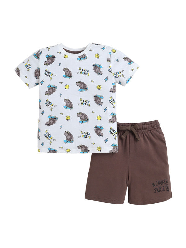 Boys Bear Skate Print Cotton Pajama Set “ T-Shirt & Shorts Nightwear