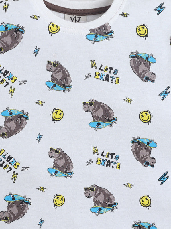 Boys Bear Skate Print Cotton Pajama Set “ T-Shirt & Shorts Nightwear