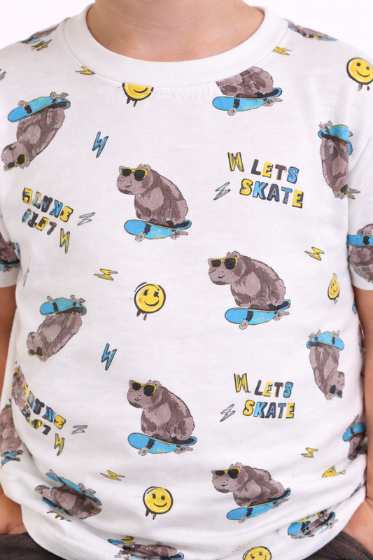 Boys Bear Skate Print Cotton Pajama Set “ T-Shirt & Shorts Nightwear