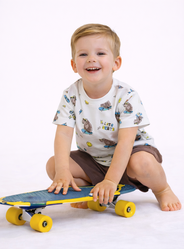 Boys Bear Skate Print Cotton Pajama Set “ T-Shirt & Shorts Nightwear