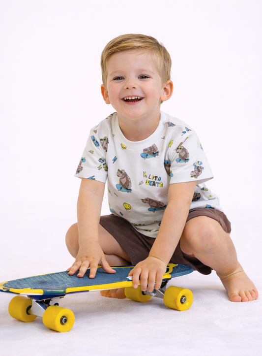 Boys Bear Skate Print Cotton Pajama Set – T-Shirt & Shorts Nightwear