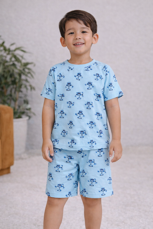 Boys Robot Print Cotton Pajama Set – T-Shirt & Shorts Nightwear