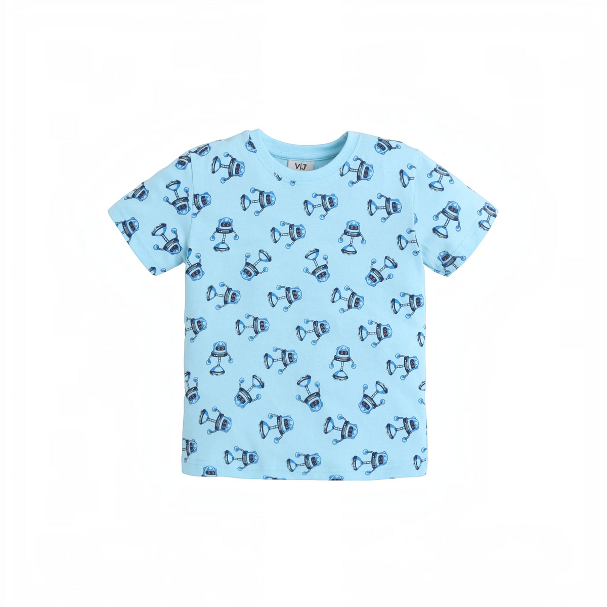 victor and jane light blue boys t-shirt featuring a playful all-over robot print pattern and crew neckline