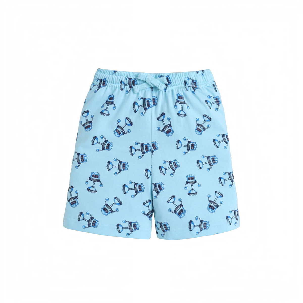 victor and jane boys light blue cotton shorts featuring a playful all-over robot print and an elasticated waistband
