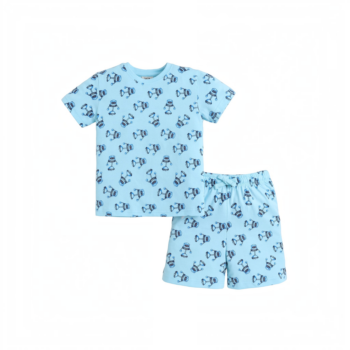 victor and jane boys light blue cotton t-shirt and shorts set featuring a playful dark blue robot print pattern