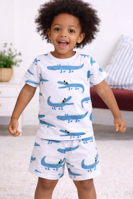Boys Crocodile Print Cotton Pajama Set – T-Shirt & Shorts Nightwear
