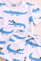 Boys Crocodile Print Cotton Pajama Set “ T-Shirt & Shorts Nightwear
