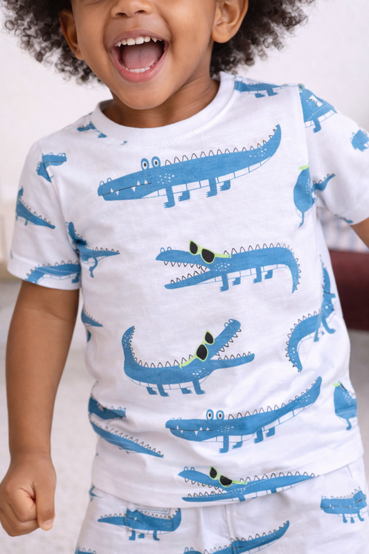 Boys Crocodile Print Cotton Pajama Set “ T-Shirt & Shorts Nightwear