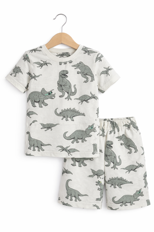 Boys Dinosaur Print Cotton Pajama Set “ T-Shirt & Shorts Nightwear