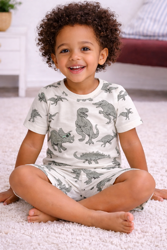 Boys Dinosaur Print Cotton Pajama Set – T-Shirt & Shorts Nightwear