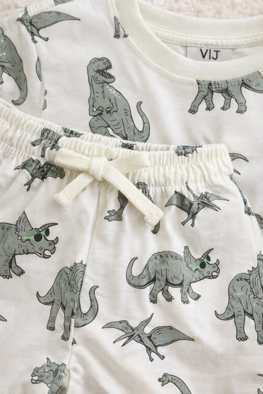 Boys Dinosaur Print Cotton Pajama Set “ T-Shirt & Shorts Nightwear