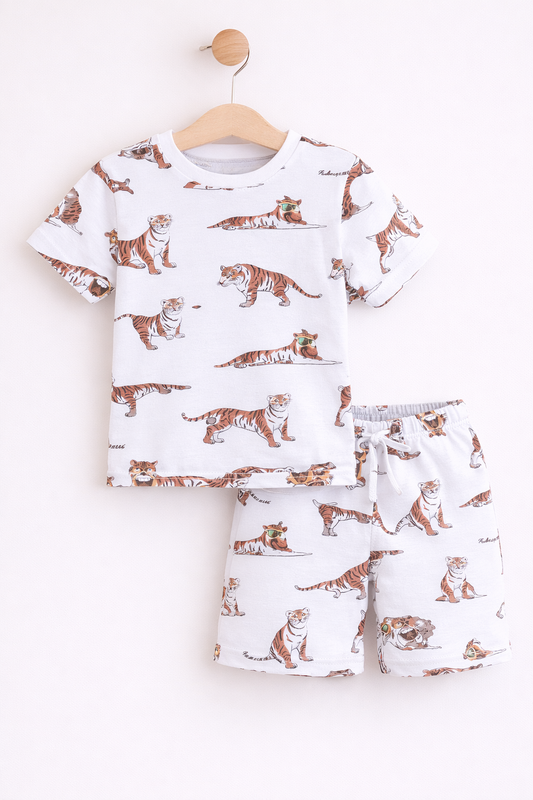 Boys Tiger Print Cotton Pajama Set “ T-Shirt & Shorts Nightwear