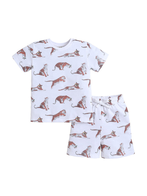 Boys Tiger Print Cotton Pajama Set “ T-Shirt & Shorts Nightwear