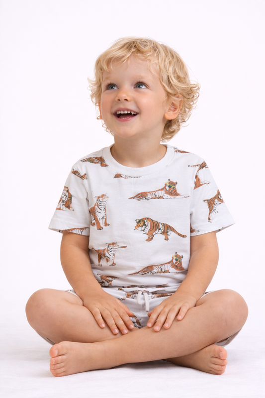 Boys Tiger Print Cotton Pajama Set – T-Shirt & Shorts Nightwear