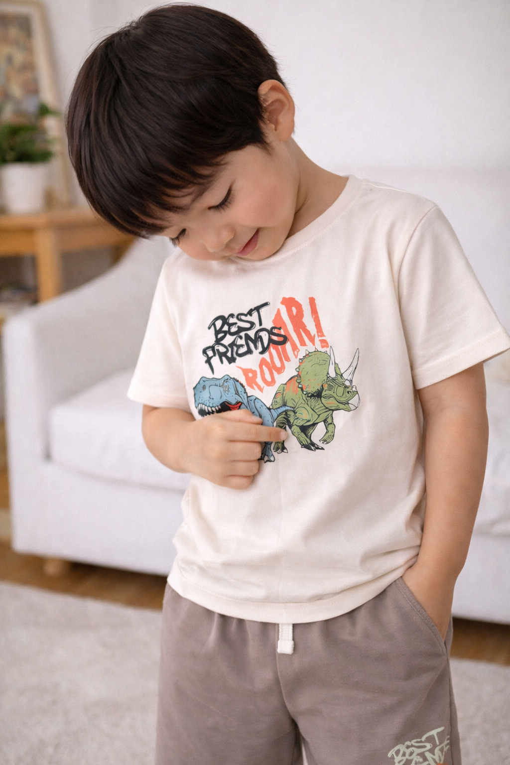 Boys Dinosaur Print Cotton Pajama Set “ T-Shirt & Shorts Nightwear