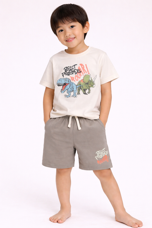 Boys Dinosaur Print Cotton Pajama Set – T-Shirt & Shorts Nightwear
