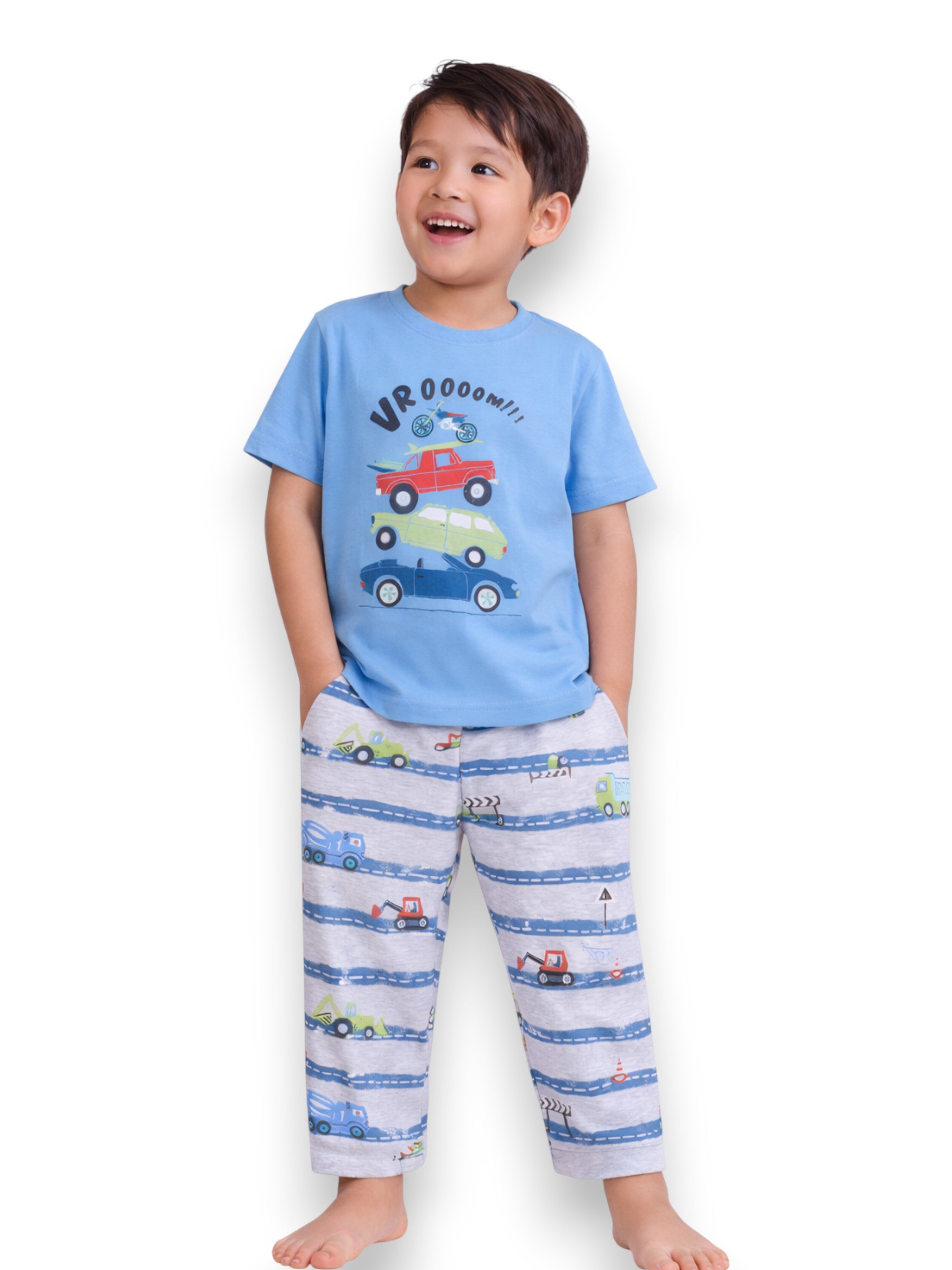 Boys Car Print Cotton Pajama Set “ T-Shirt & Full Pants Nightwear