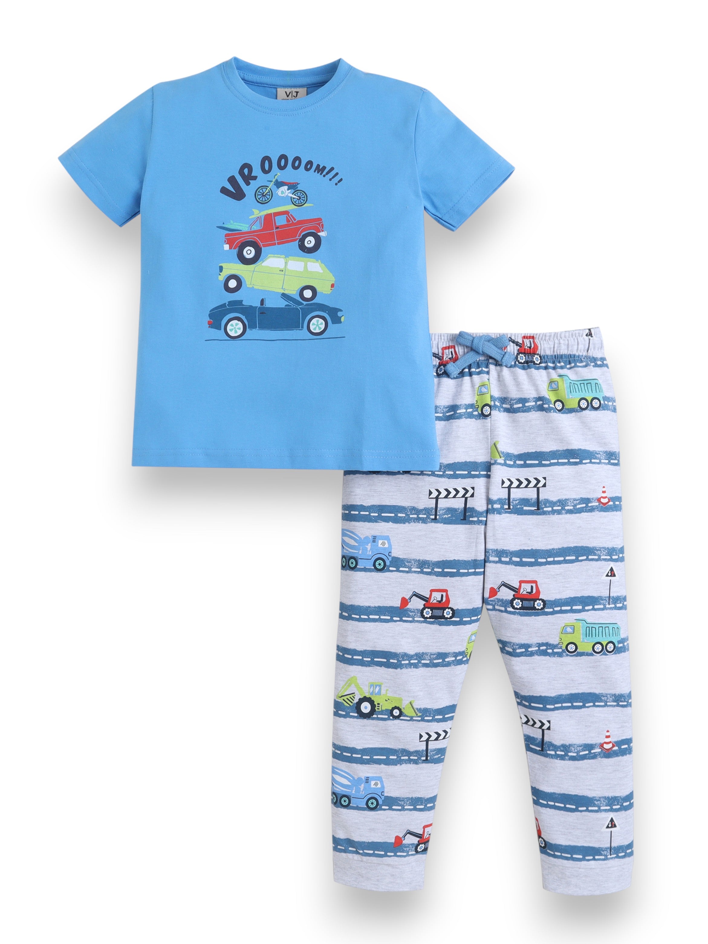 Boys Car Print Cotton Pajama Set “ T-Shirt & Full Pants Nightwear