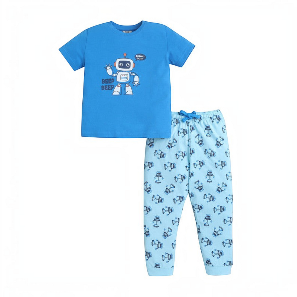 victor and jane boys blue short-sleeve t-shirt and matching robot print pajama pants set