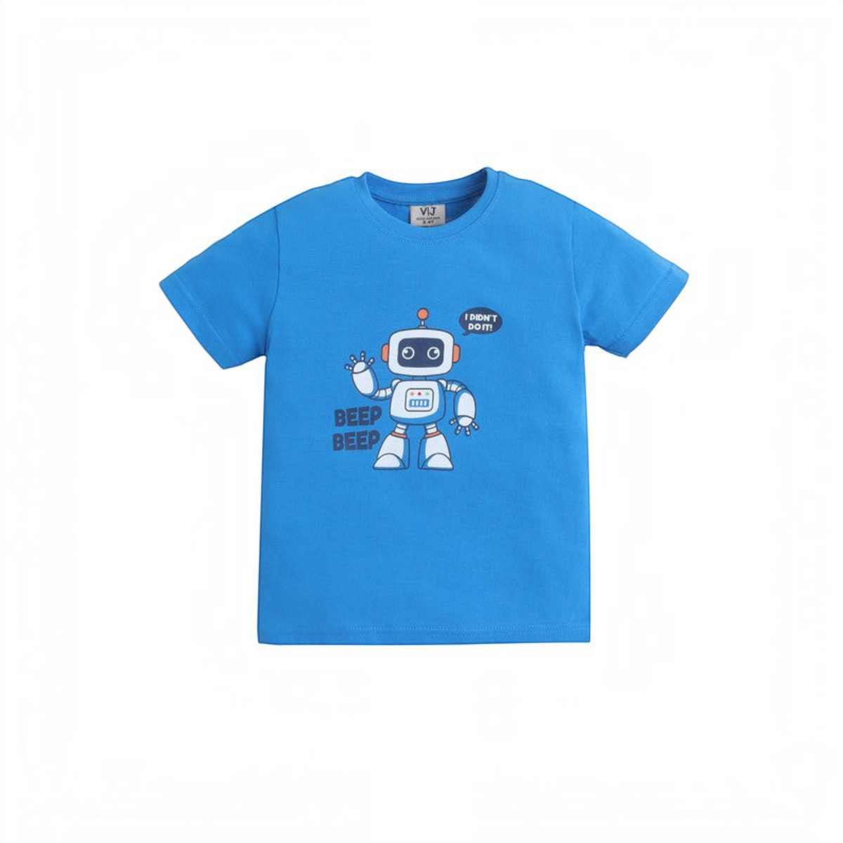 victor and jane boys blue cotton t-shirt featuring a cute robot graphic with the text BEEP BEEP and I DIDNT DO IT