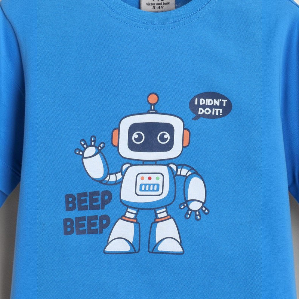 victor and jane boys blue cotton t-shirt featuring a white robot graphic with the text BEEP BEEP and I DIDNT DO IT