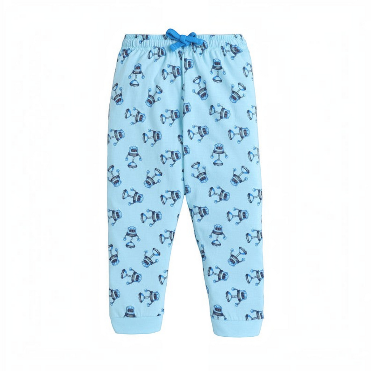 victor and jane light blue boys joggers featuring a playful all-over robot print and an adjustable drawstring waist