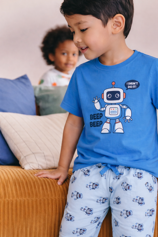 Boys Robot Graphic Cotton Pajama Set – T-Shirt & Pajama Pants Nightwear