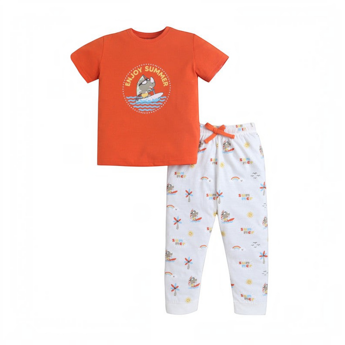 victor and jane boys orange t-shirt and white patterned pants set with summer surf-themed graphics