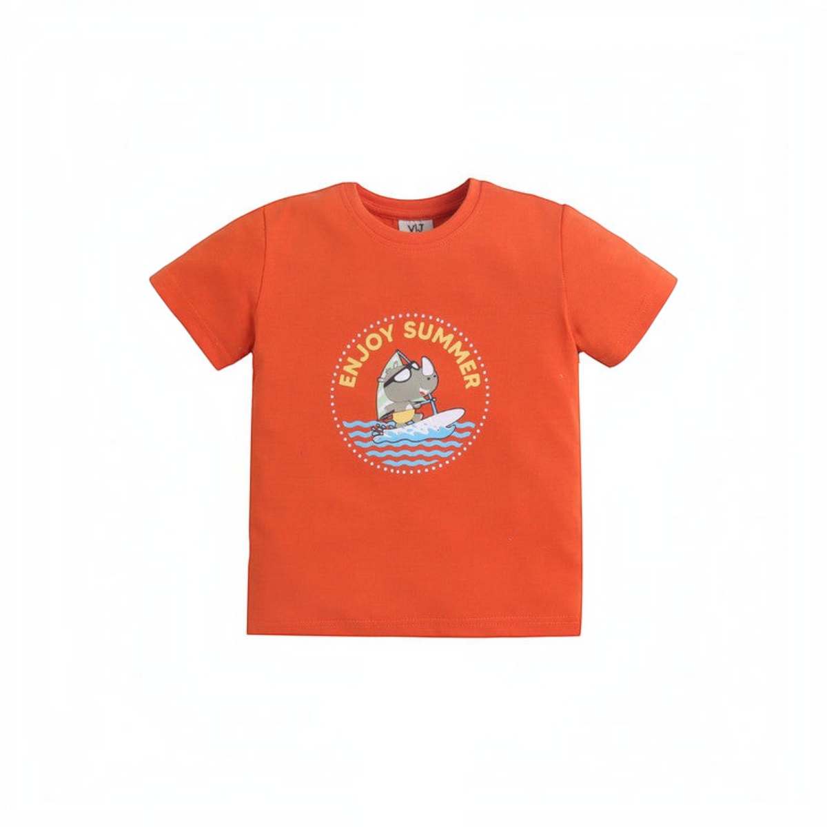 victor and jane boys orange cotton t-shirt featuring a cute rhino surfing graphic with Enjoy Summer text