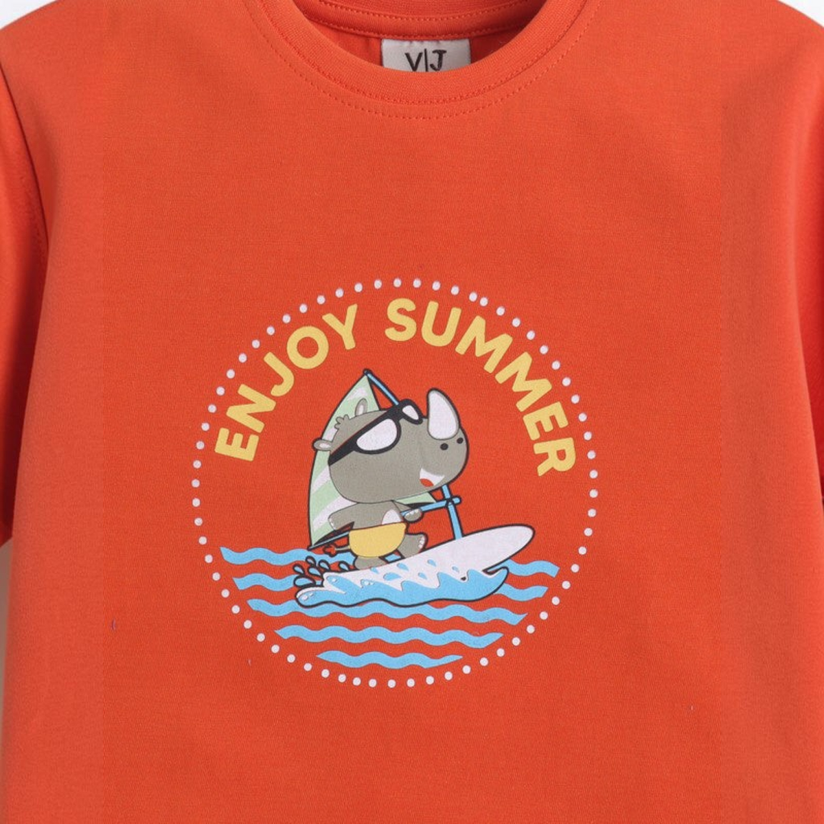 victor and jane boys orange t-shirt featuring a rhino surfing graphic with Enjoy Summer text