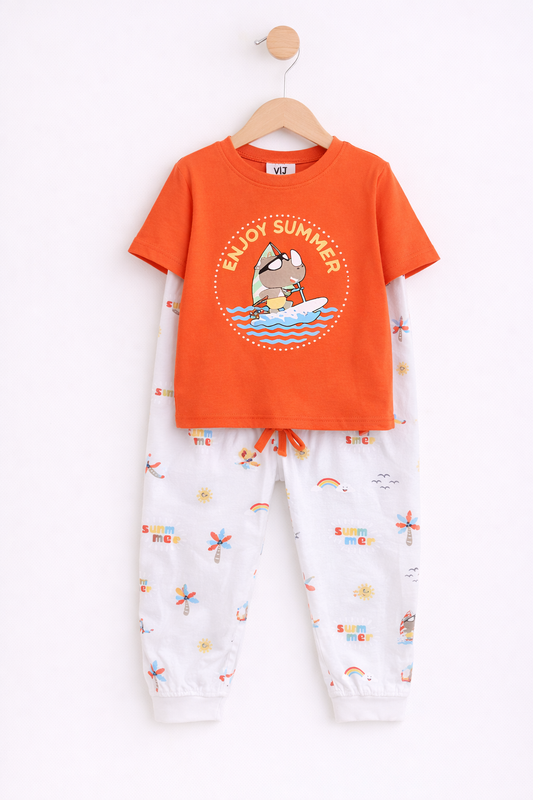 Boys Œenjoy Summer” Print Cotton Pajama Set “ T-Shirt & Pajama Pants Nightwear