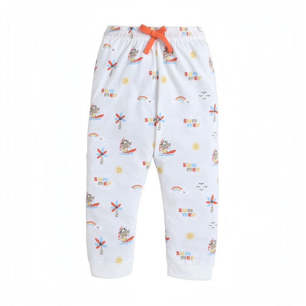 victor and jane white boys joggers featuring a colourful summer surf print with an orange drawstring waist
