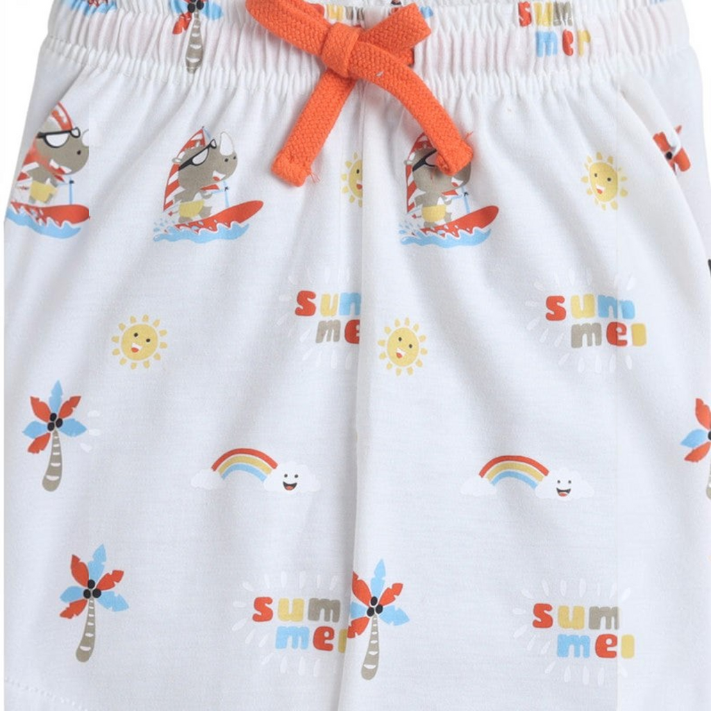 victor and jane boys white shorts featuring a colorful summer print with surfing rhinos, suns, and rainbows