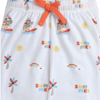victor and jane boys white shorts featuring a colorful summer print with surfing rhinos, suns, and rainbows